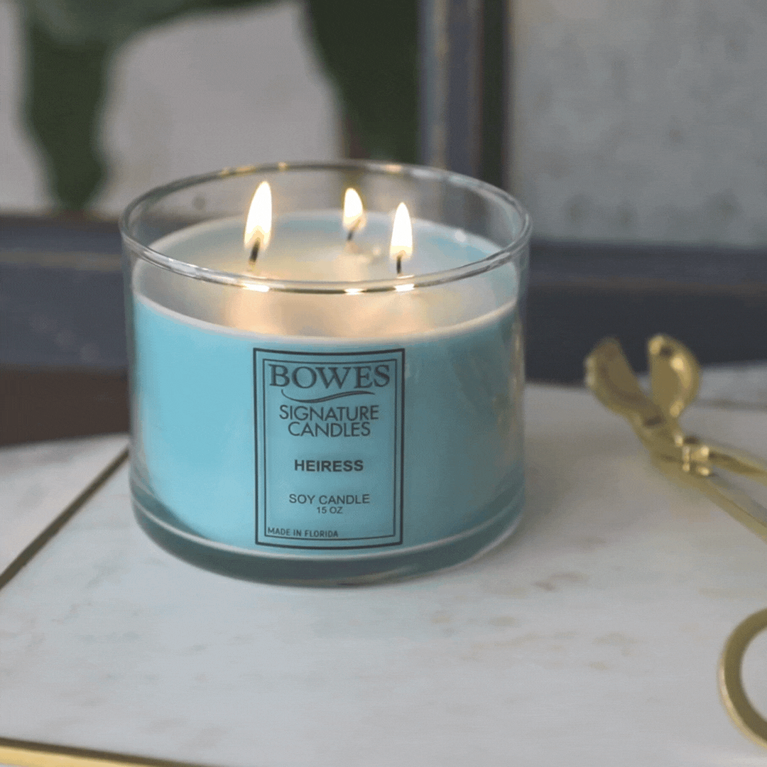 Bowes Signature Candle Heiress Light and Burning on Table